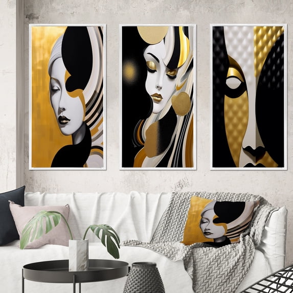 Designart "Minimalist Glamour Portrait of an Exquisite Young Woman I" Fashion Woman Framed Wall Art Set Of 3 - Gold Glam Frame Gallery Set For Office Decor