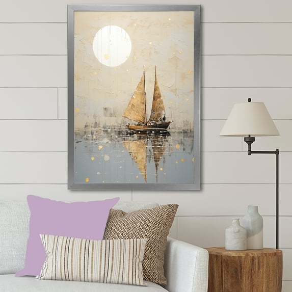 Designart "Minimalist Gold And Grey Fishing Boat" Boat Fishing Picture Framed Wall Art Prints