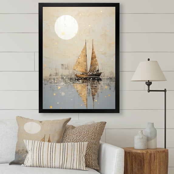 Designart "Minimalist Gold And Grey Fishing Boat" Boat Fishing Picture Framed Wall Art Prints