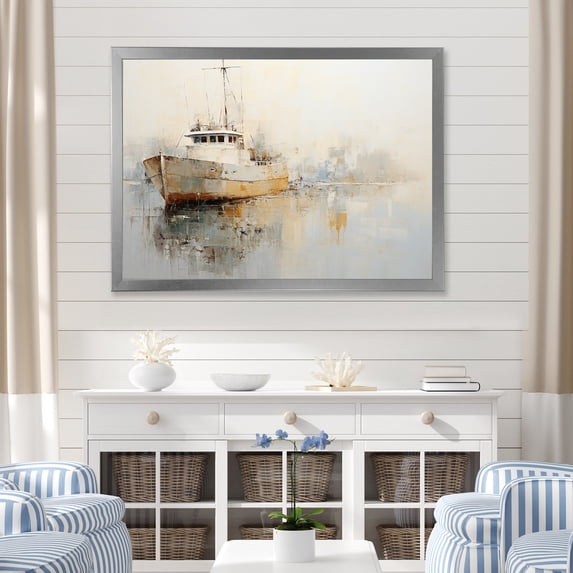 Designart "Minimalist Gold And Grey Fishing Boat I" Boat Fishing Picture Framed Wall Art Living Room