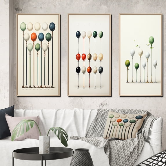 Designart "Minimalist Golf Tees XI" Sports Framed Wall Art Set Of 3 - White Golf Frame Gallery Wall Set For Home Decor