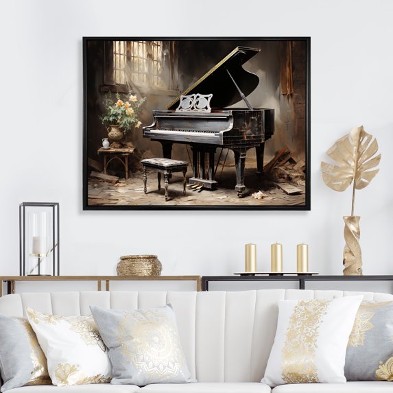 Designart "Minimalist Grand Piano Serenade I" Music Framed Wall Art - Vintage Black Music Piano Entryway Framed Wall Art Print