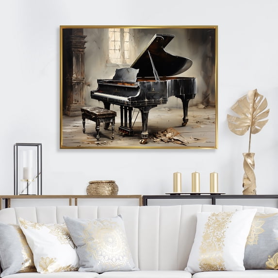 Designart "Minimalist Grand Piano Serenade II" Music Framed Wall Art - Vintage Black Music Piano Entryway Framed Wall Art