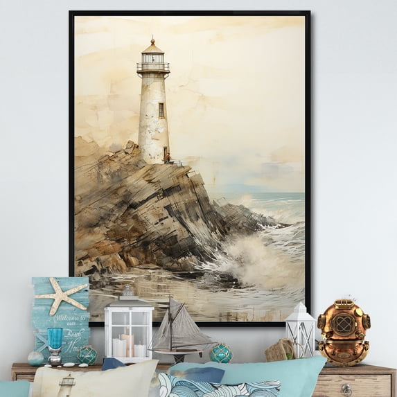 Designart "Minimalist Grey Lighthouse" Beach Light House Floater Framed Wall Decor