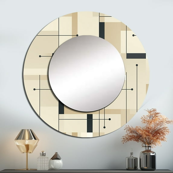 Designart "Minimalist Grid Harmony In Beige And Grey" Geometric Rund Mirror For Wall Decor - Large Beige Round Printed Mirror -Modern Round Living Room Mirror - 23" x 23"