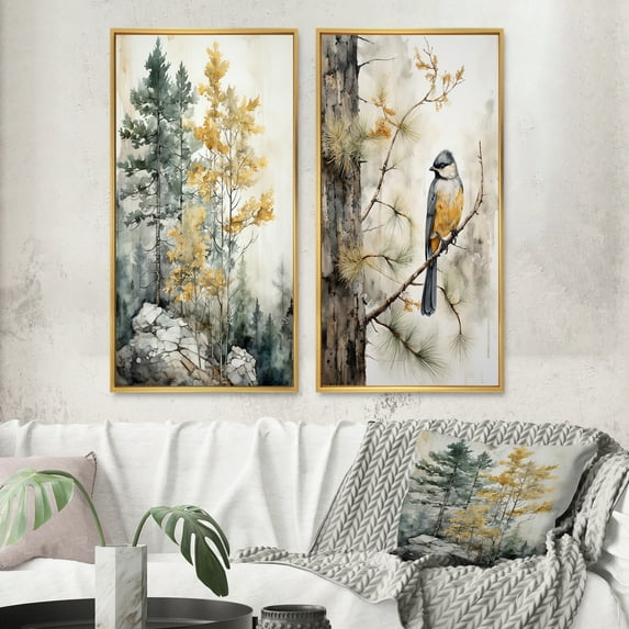 Designart "Minimalist Guardians of the Forest II" Forest Framed Wall Art Set Of 2 - Yellow Landscapes Framed Canvas Set For Living Room Decor