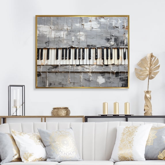 Designart "Minimalist Harmony Grey and White Piano Keys" Music Framed Wall Art - Vintage Grey Music Piano Entryway Framed Wall Art Print