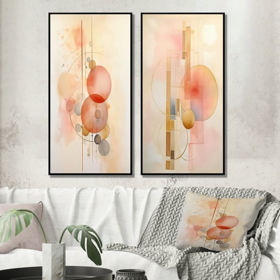 Designart "Minimalist Harmony in Peach and Yellow VI" Abstract Minimalism Framed Wall Art Set Of 2 - Peach Abstract Gallery Wall Frame Set For Home Decor