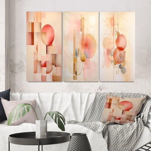 Designart "Minimalist Harmony in Peach and Yellow VII" Minimalism Wall Art Set Of 3 - Peach Minimalism Canvas Set For Living Room Decor