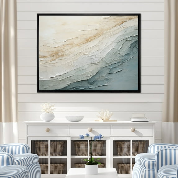 Designart "Minimalist Horizon With Beige And Grey Waves I" Coastal Minimalism Floater Framed Wall Decor