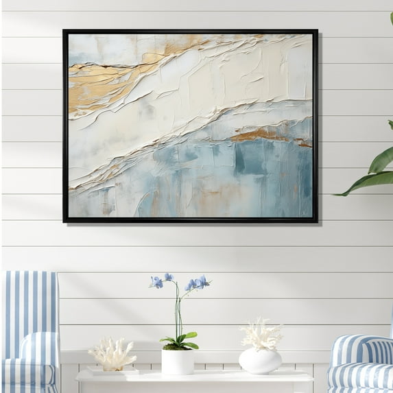 Designart "Minimalist Horizon With Beige And Grey Waves II" Coastal Minimalism Floater Framed Wall Art Prints