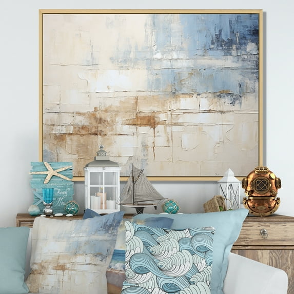 Designart "Minimalist Horizon With Beige And Grey Waves III" Coastal Minimalism Floater Framed Canvas Wall Art