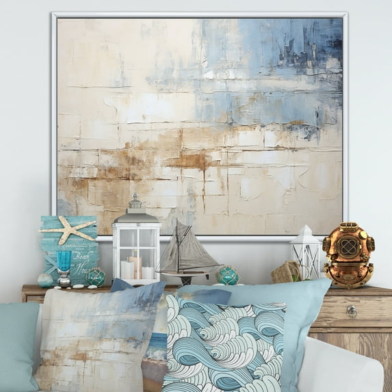 Designart "Minimalist Horizon With Beige And Grey Waves III" Coastal Minimalism Floater Framed Canvas Wall Art