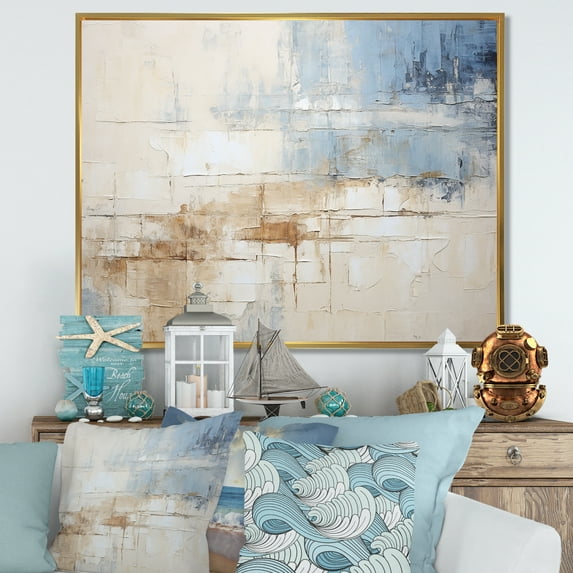 Designart "Minimalist Horizon With Beige And Grey Waves III" Coastal Minimalism Floater Framed Canvas Wall Art