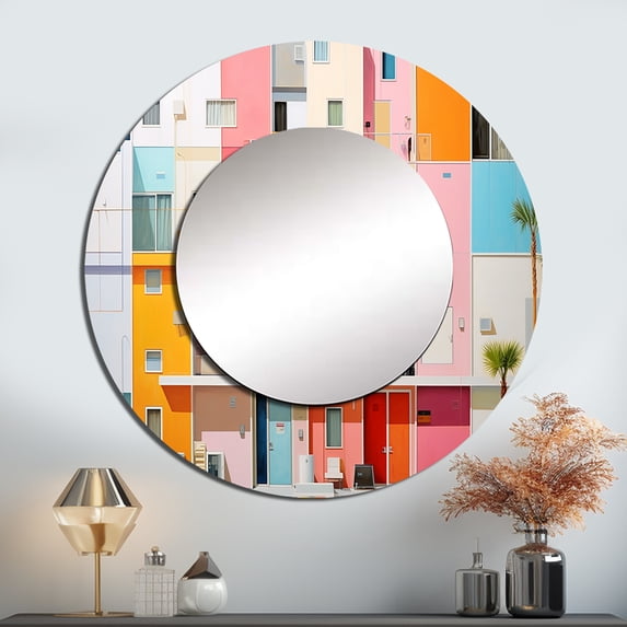 Designart "Minimalist Hotels And Lodges" Hotels & Lodges Rund Mirror For Wall Decor - Large Pink Round Print Mirror - Round Traditional Mirror - Wall Mounted Round Large Mirror - 23" x 23"