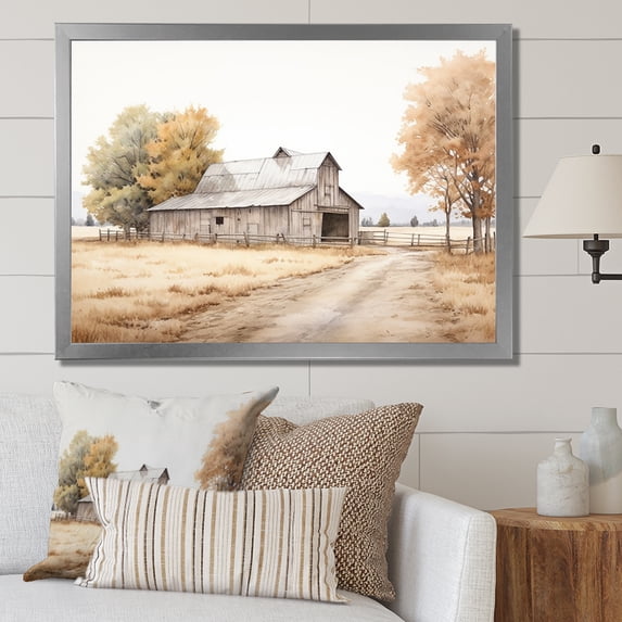 Designart "Minimalist Landscape With Barn Scenery" Barn Picture Framed Wall Decor