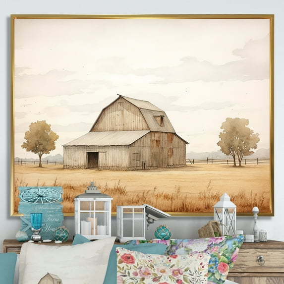 Designart "Minimalist Landscape With Barn Scenery I" Barn Floater Framed Canvas Art Print
