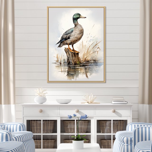Designart "Minimalist Mallard at the Pond II" Animals Framed Wall Art