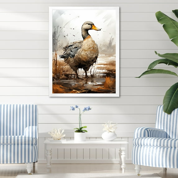 Designart "Minimalist Mallard at the Pond III" Animals Framed Wall Art - Traditional White Duck Living Room Framed Canvas Art