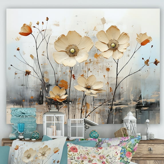 Designart "Minimalist Melodies In Beige Wildflower Meadows II" Wildflowers Canvas Prints