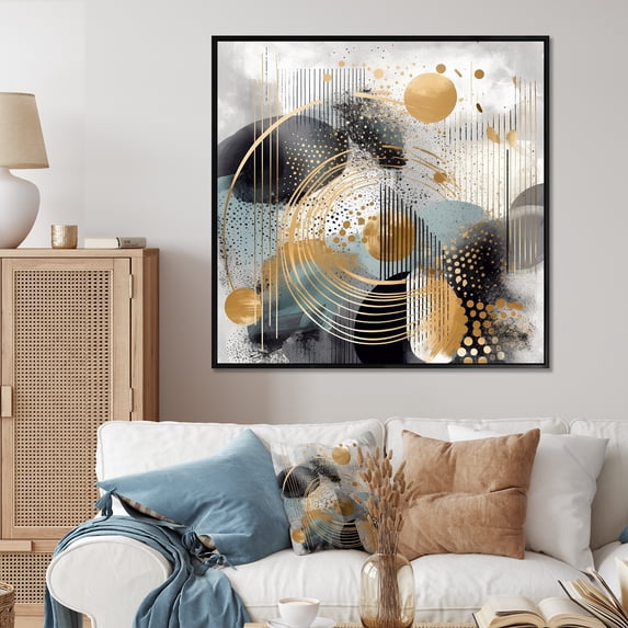 Designart "Minimalist Modern Shapes in Gold and Grey II" Abstract Framed Wall Art - Gold Abstract Modern Shapes Living Room Framed Canvas Art