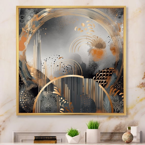 Designart "Minimalist Modern Shapes in Gold and Grey IV" Abstract Framed Wall Art - Gold Abstract Modern Shapes Entryway Framed Wall Art Print