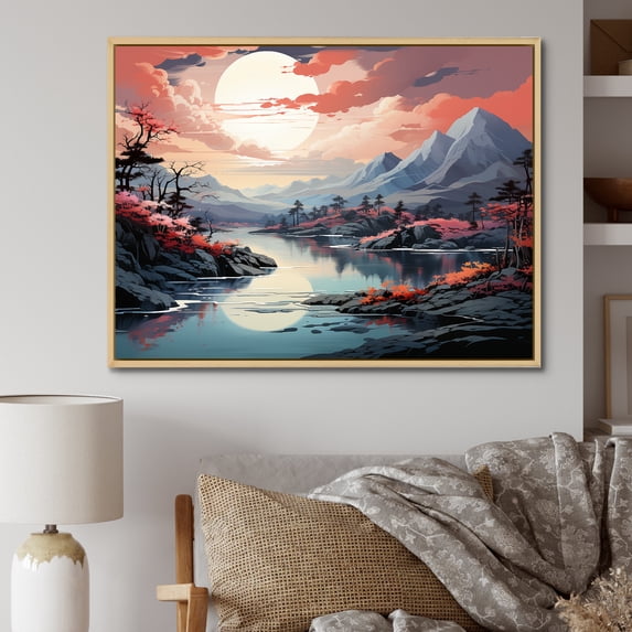 Designart "Minimalist Mountain River Splendor" Landscape Mountains River Floater Framed Canvas Art Print