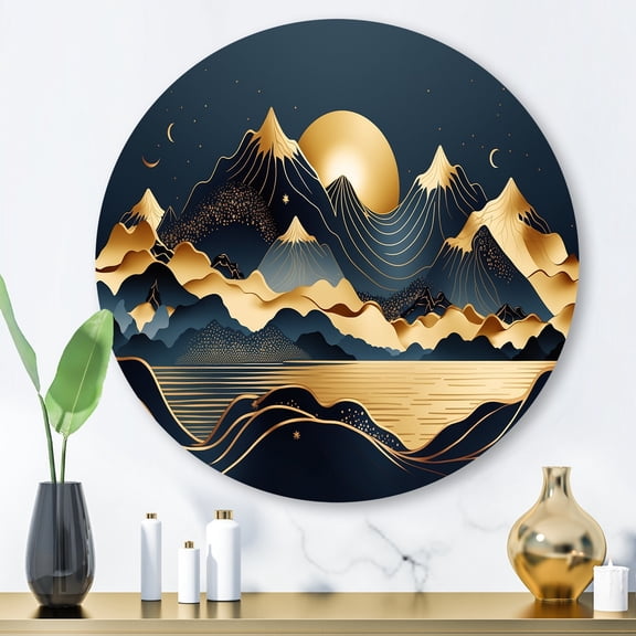 Designart "Minimalist Mountains Gold II" Minimalism Landscape Metal Round Wall Art Prints