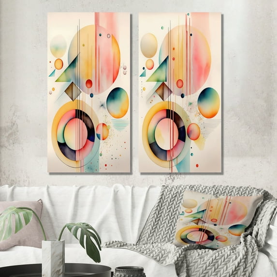 Designart "Minimalist Multi-Shape Art in Pastel II" Abstract Minimalism Wall Art Set Of 2 - Pink Geometric Canvas Set For Living Room Decor