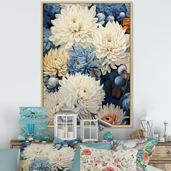 Designart "Minimalist Mums In Beige And Muted Blue" Mums Floater Framed Wall Art Living Room
