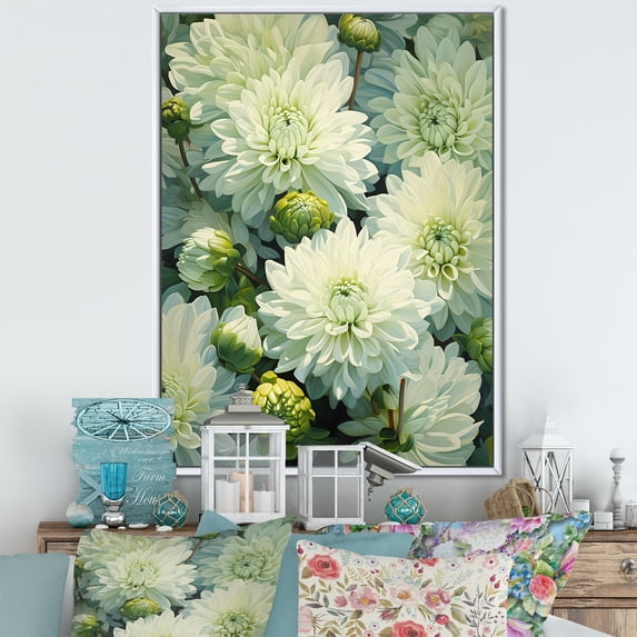 Designart "Minimalist Mums In White And Muted Green" Mums Floater Framed Wall Art Living Room