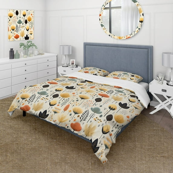 Designart "Minimalist Nordic Blooms" Yellow Floral Bedding Covert Set - Cottage Bed Set With 2 Shams
