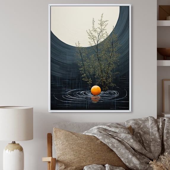 Designart "Minimalist Oasis Grey Orange Mid Century II" Abstract Collages Floater Framed Canvas Wall Art