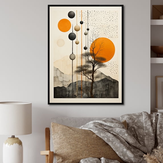Designart "Minimalist Oasis Orange and Beige Mid Century" Abstract Still Lifes Floater Framed Canvas Print