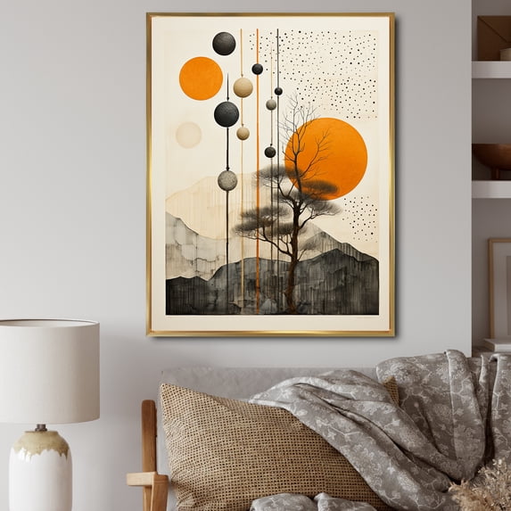 Designart "Minimalist Oasis Orange and Beige Mid Century" Abstract Still Lifes Floater Framed Canvas Print