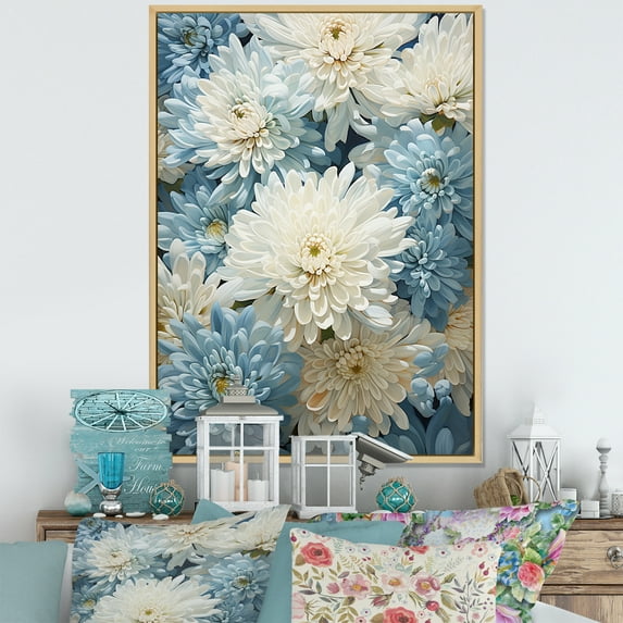 Designart "Minimalist Painting Of Blooming Mums In Blue And White III" Mums Floater Framed Wall Art Living Room
