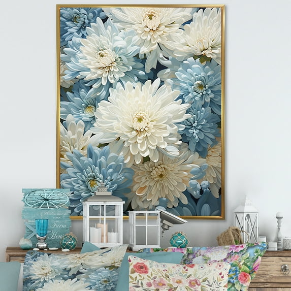 Designart "Minimalist Painting Of Blooming Mums In Blue And White III" Mums Floater Framed Wall Art Living Room