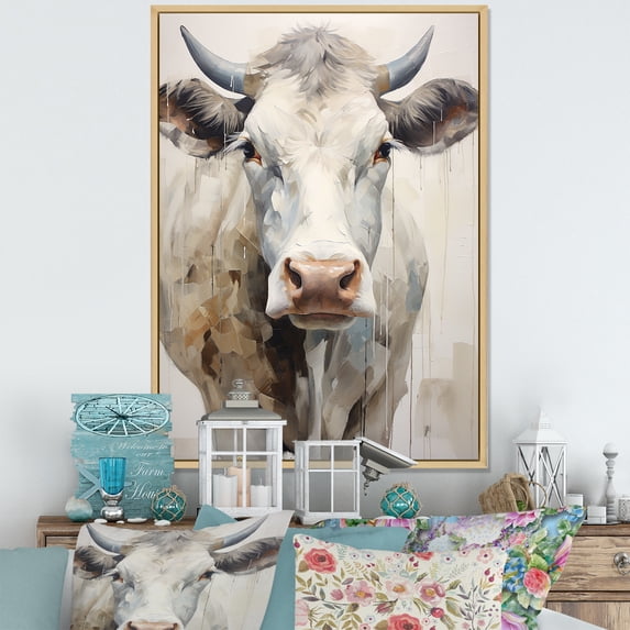 Designart "Minimalist Portrait Of A Beige Cow II" Animals Cow Floater Framed Canvas Wall Art