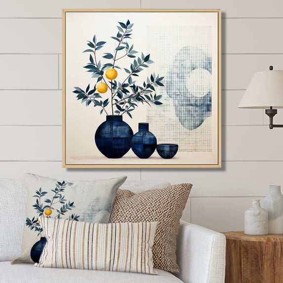 Designart "Minimalist Pottery Blue and Yellow Mid Century" Abstract Still Lifes Floater Framed Wall Decor