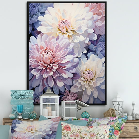 Designart "Minimalist Purple And White Mums Painting" Mums Floater Framed Wall Art Living Room