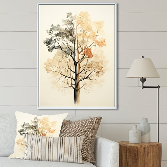 Designart "Minimalist Scene Featuring A Beige American Basswood Tree" Tree Amercian Basswood Floater Framed Wall Art Prints