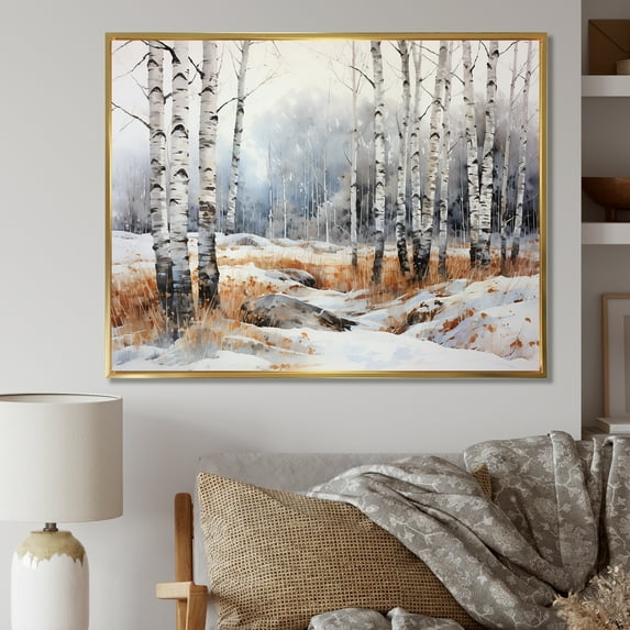 Designart "Minimalist Scene Featuring Birch Trees With Silver Breath I" Tree Birch Floater Framed Canvas Wall Art