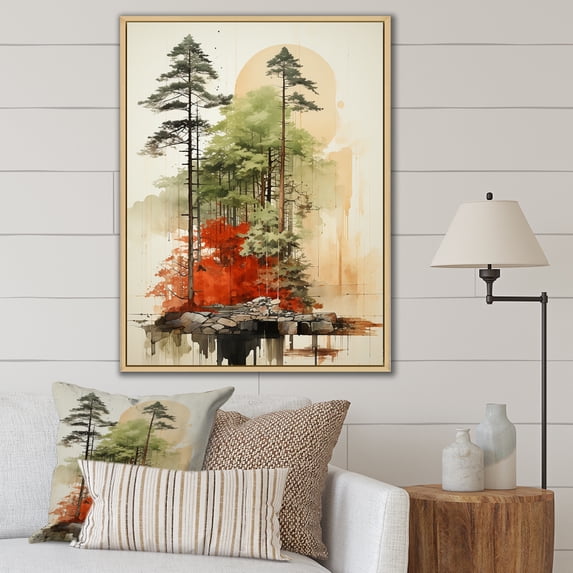 Designart "Minimalist Scene Featuring Symmetrical Redwood Trees I" Tree Redwood Floater Framed Wall Art Prints