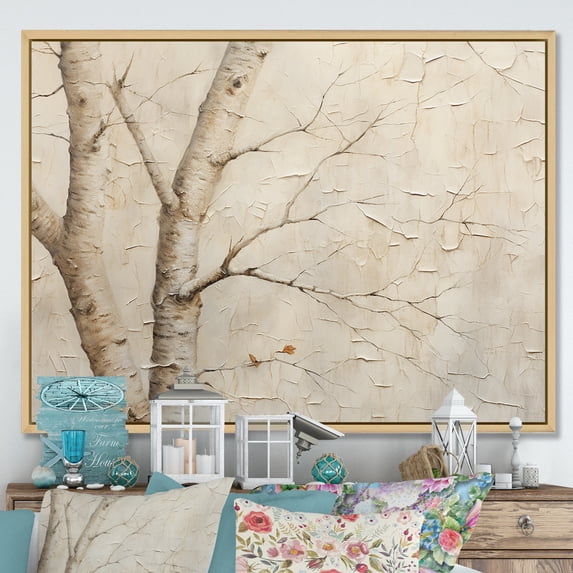 Designart "Minimalist Scene of Beige Sycamore Trees" Tree Sycamore Floater Framed Wall Decor