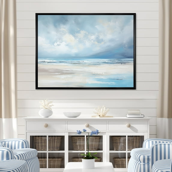 Designart "Minimalist Scenery Along The Coastal Beach" Coastal Ocean Floater Framed Wall Art Living Room