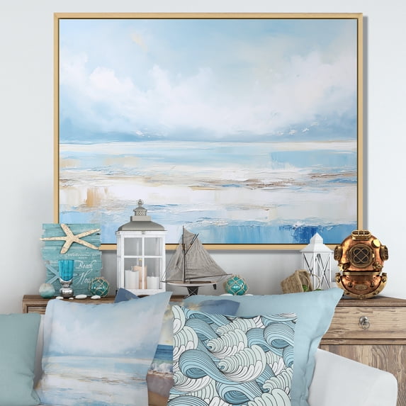 Designart "Minimalist Scenery Along The Coastal Beach IV" Coastal Ocean Floater Framed Canvas Art Print
