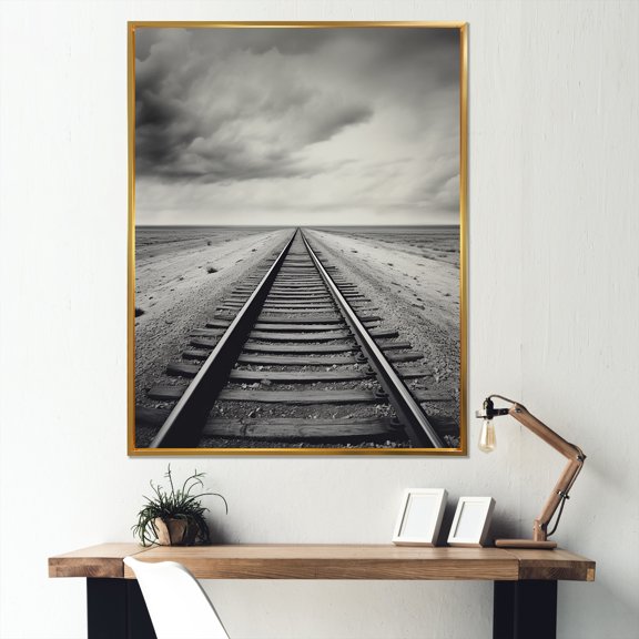 Designart "Minimalist Scenery Featuring A Wonderland Train Track" Train Floater Framed Canvas Wall Art