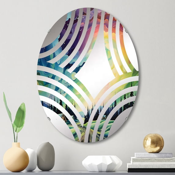 Designart "Minimalist Scenery of the Northern Lights I" Northern Lights Baptist Fan Round Wall Mirror - Landscapes Oval Printed Decorative Mirror - Multiple Color Options