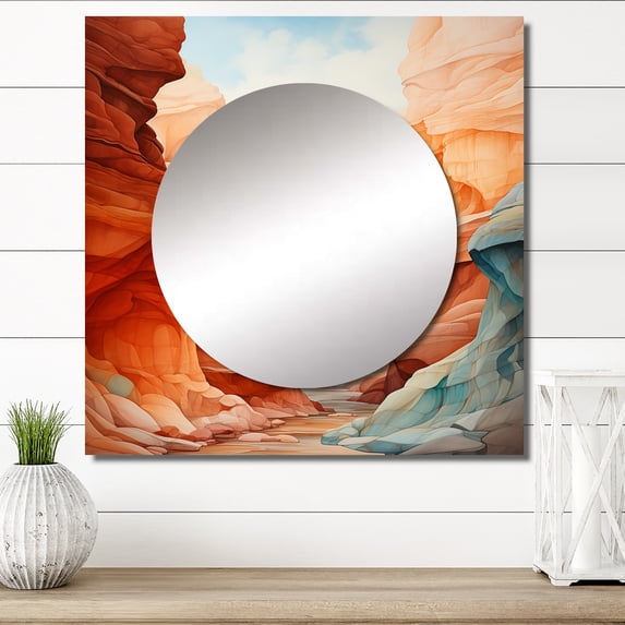 Designart "Minimalist Scenery Of The Canyon Desert" Canyon Square Mirror For Wall Decor - Large Peach Square Mirror Printed Wall Decor - Traditional Square Living Room Mirror