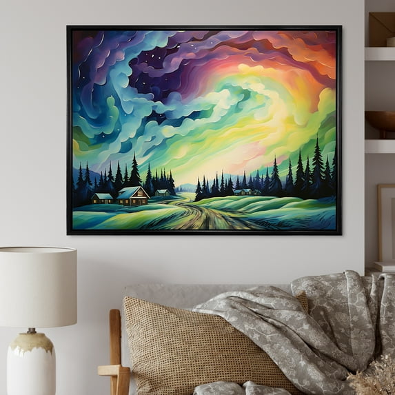 Designart "Minimalist Scenery Of The Northern Lights I" Northern Lights Floater Framed Canvas Prints